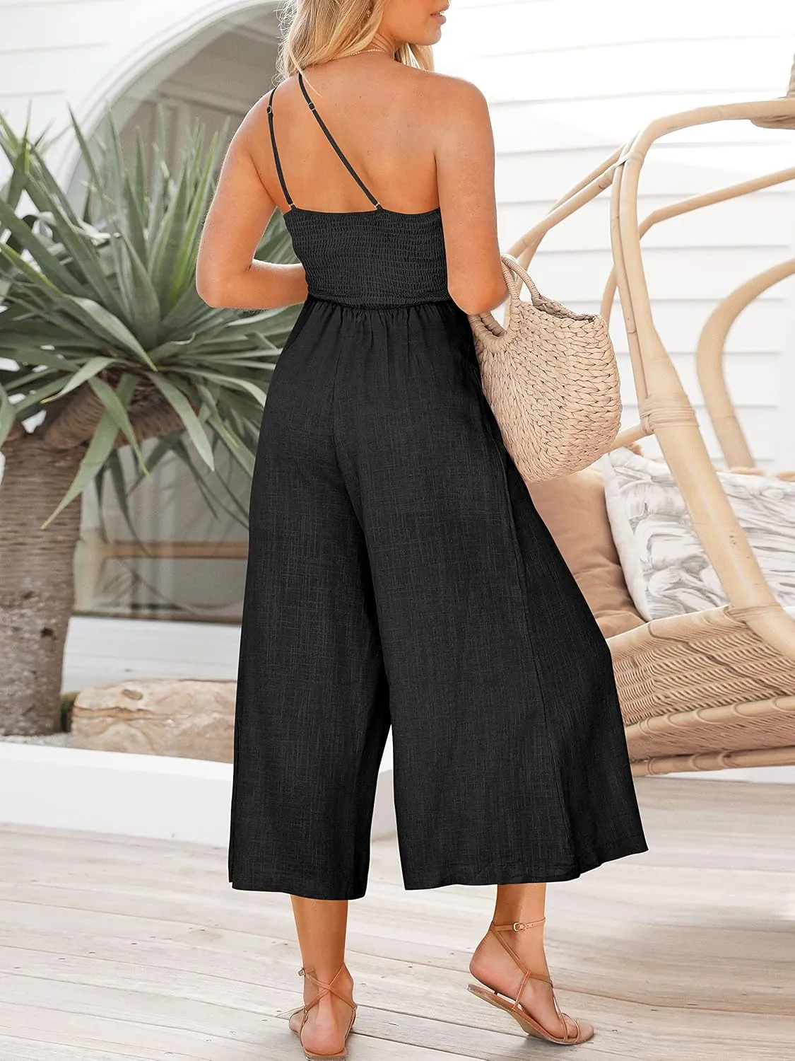 ANRABESS Women's Summer Straps One Shoulder High Waist Dressy Casual Wide Leg Linen Jumpsuit Romper Beach Travel Outfits