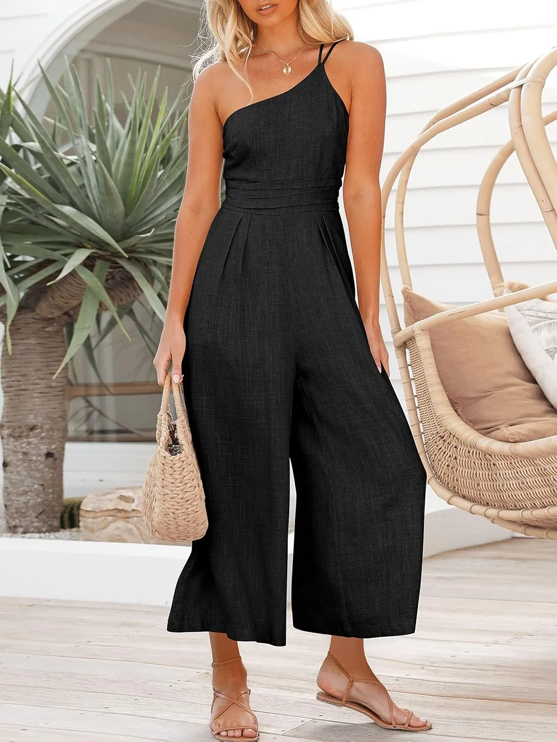 ANRABESS Women's Summer Straps One Shoulder High Waist Dressy Casual Wide Leg Linen Jumpsuit Romper Beach Travel Outfits