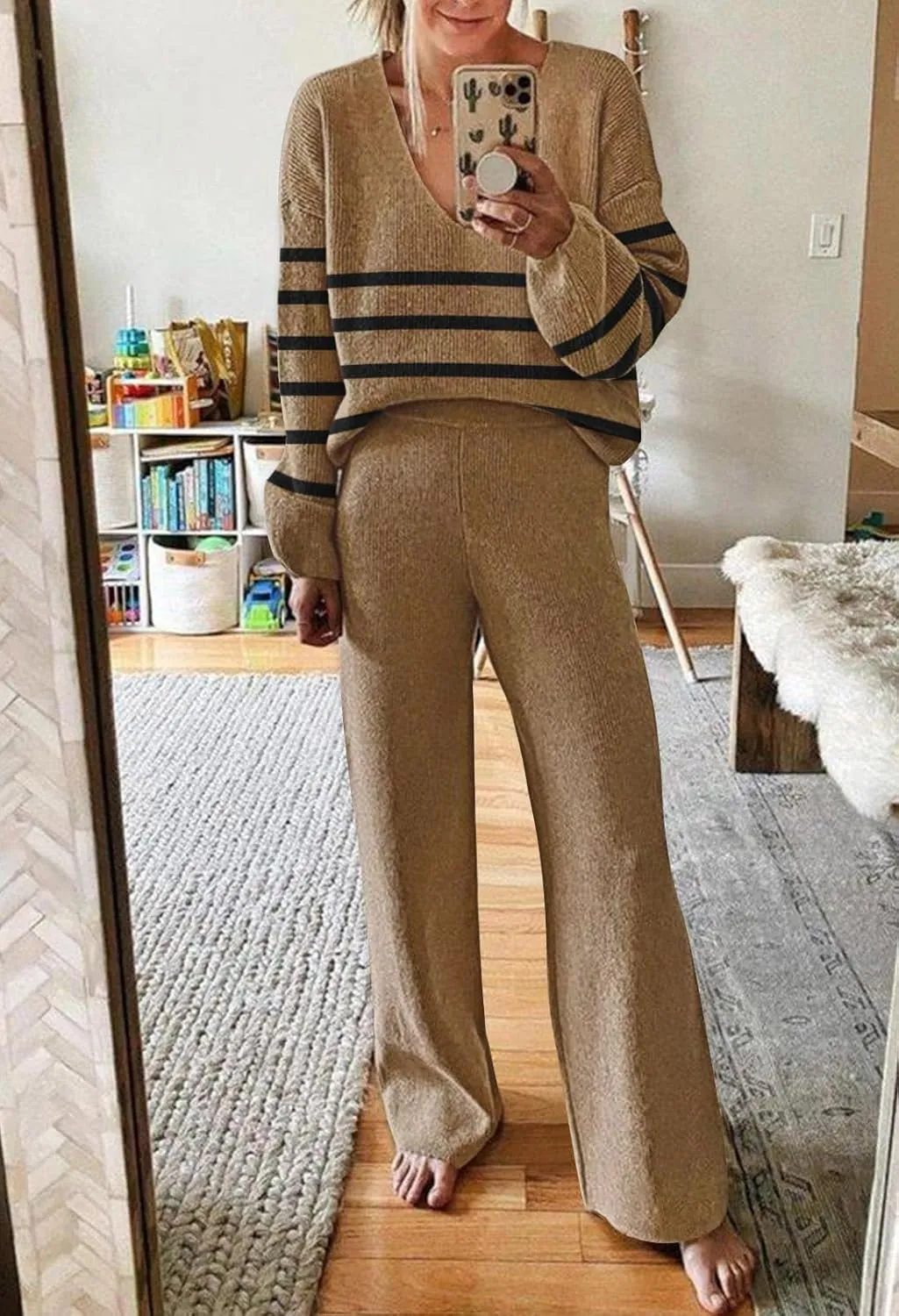 AOHITE Womens 2 Piece Outfits Casual V-neck Knit Pullover Sweater Wide Leg Pants Sleepwear Loungewear Set