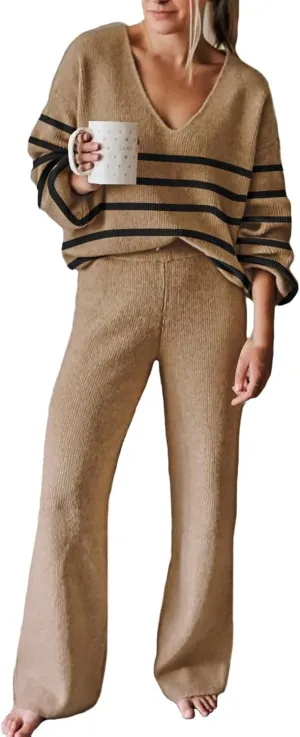 AOHITE Womens 2 Piece Outfits Casual V-neck Knit Pullover Sweater Wide Leg Pants Sleepwear Loungewear Set