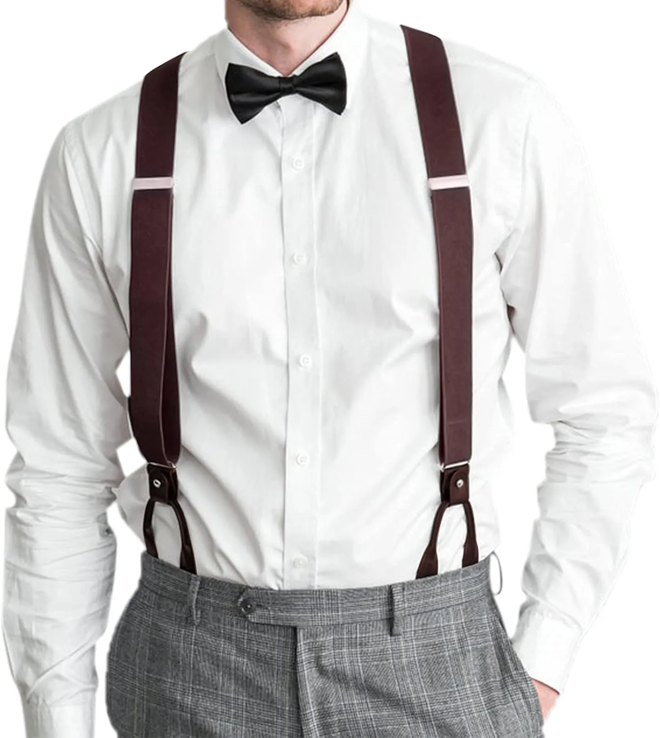 AWAYTR Mens Brown Button End Suspenders - Adjustable Elastic Y Shape Tuxedo Suspender