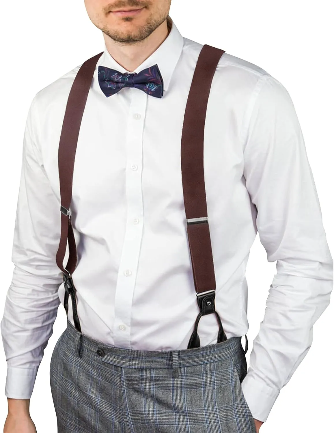 AWAYTR Mens Brown Button End Suspenders - Adjustable Elastic Y Shape Tuxedo Suspender
