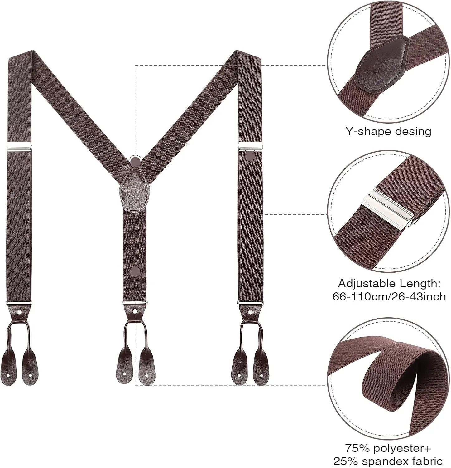 AWAYTR Mens Brown Button End Suspenders - Adjustable Elastic Y Shape Tuxedo Suspender