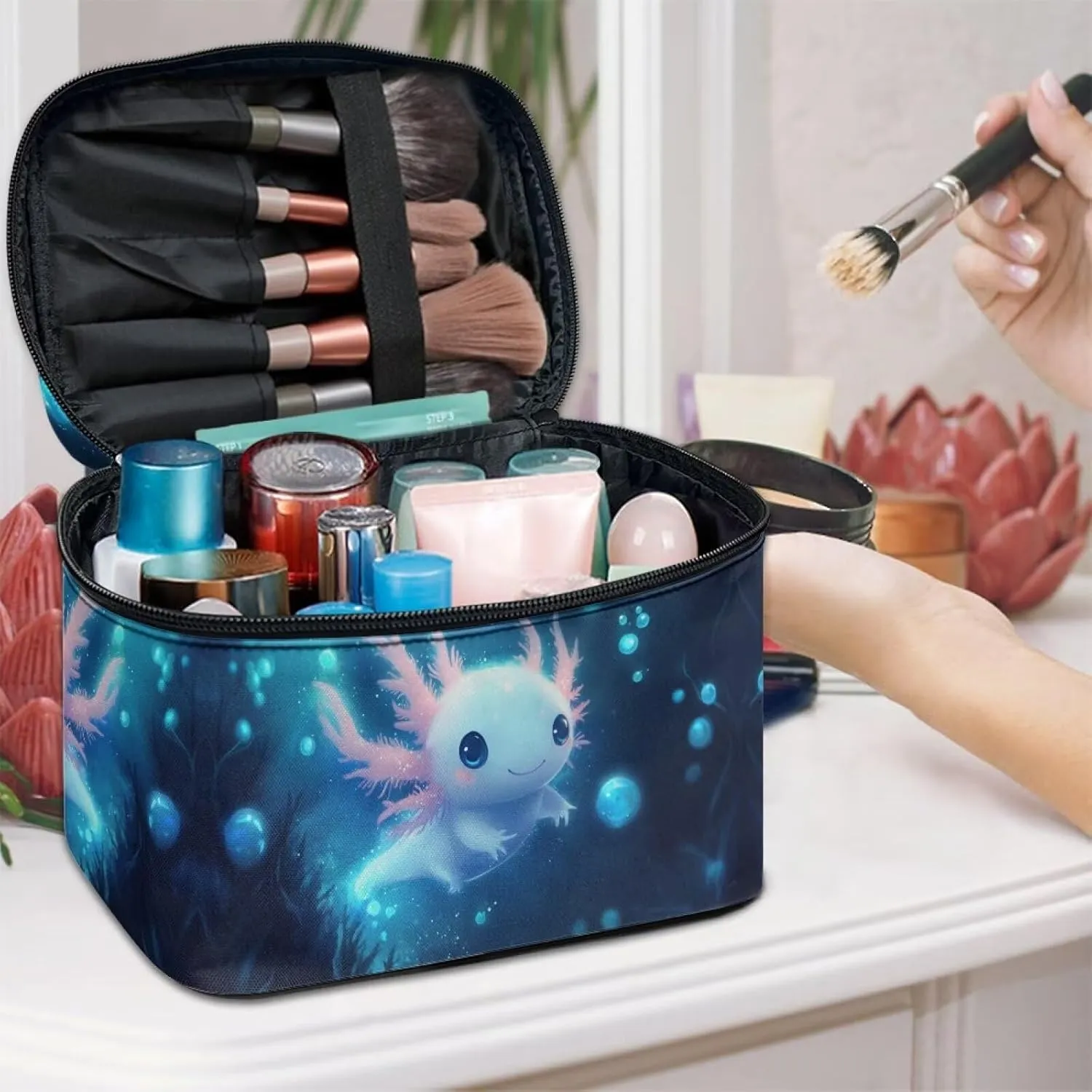 Axolotl Cute Cosmetic Bag Blue Personalized Makeup Bag with Dual Zipper Lightweigt Cosmetic Pouch for Daily Use Casual Tarot Card Storage Bags for Women