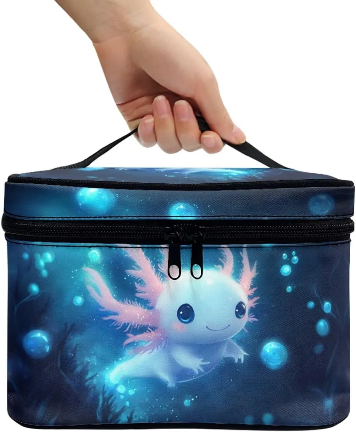 Axolotl Cute Cosmetic Bag Blue Personalized Makeup Bag with Dual Zipper Lightweigt Cosmetic Pouch for Daily Use Casual Tarot Card Storage Bags for Women