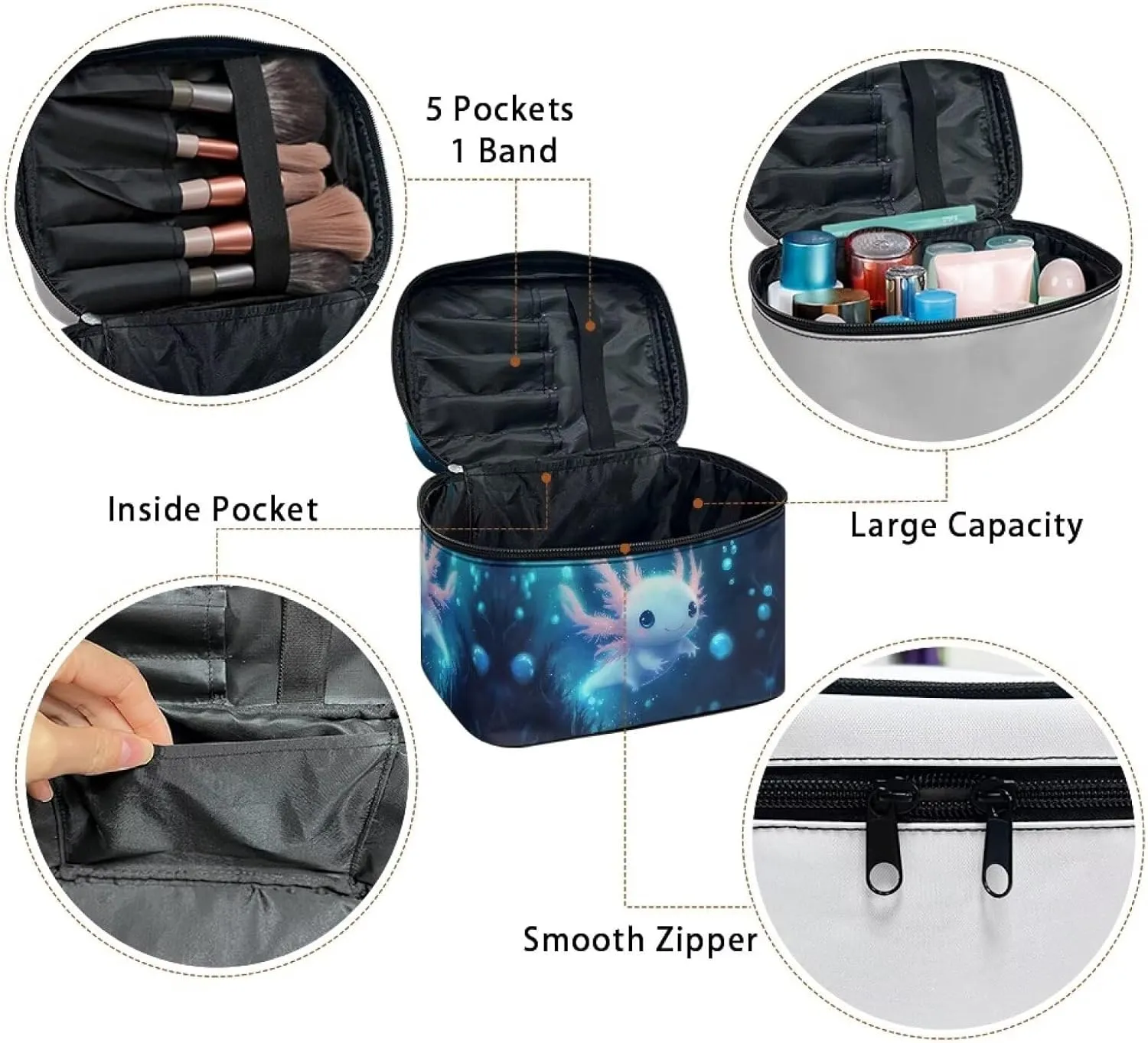 Axolotl Cute Cosmetic Bag Blue Personalized Makeup Bag with Dual Zipper Lightweigt Cosmetic Pouch for Daily Use Casual Tarot Card Storage Bags for Women
