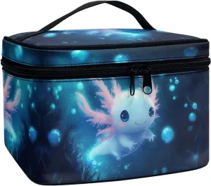 Axolotl Cute Cosmetic Bag Blue Personalized Makeup Bag with Dual Zipper Lightweigt Cosmetic Pouch for Daily Use Casual Tarot Card Storage Bags for Women
