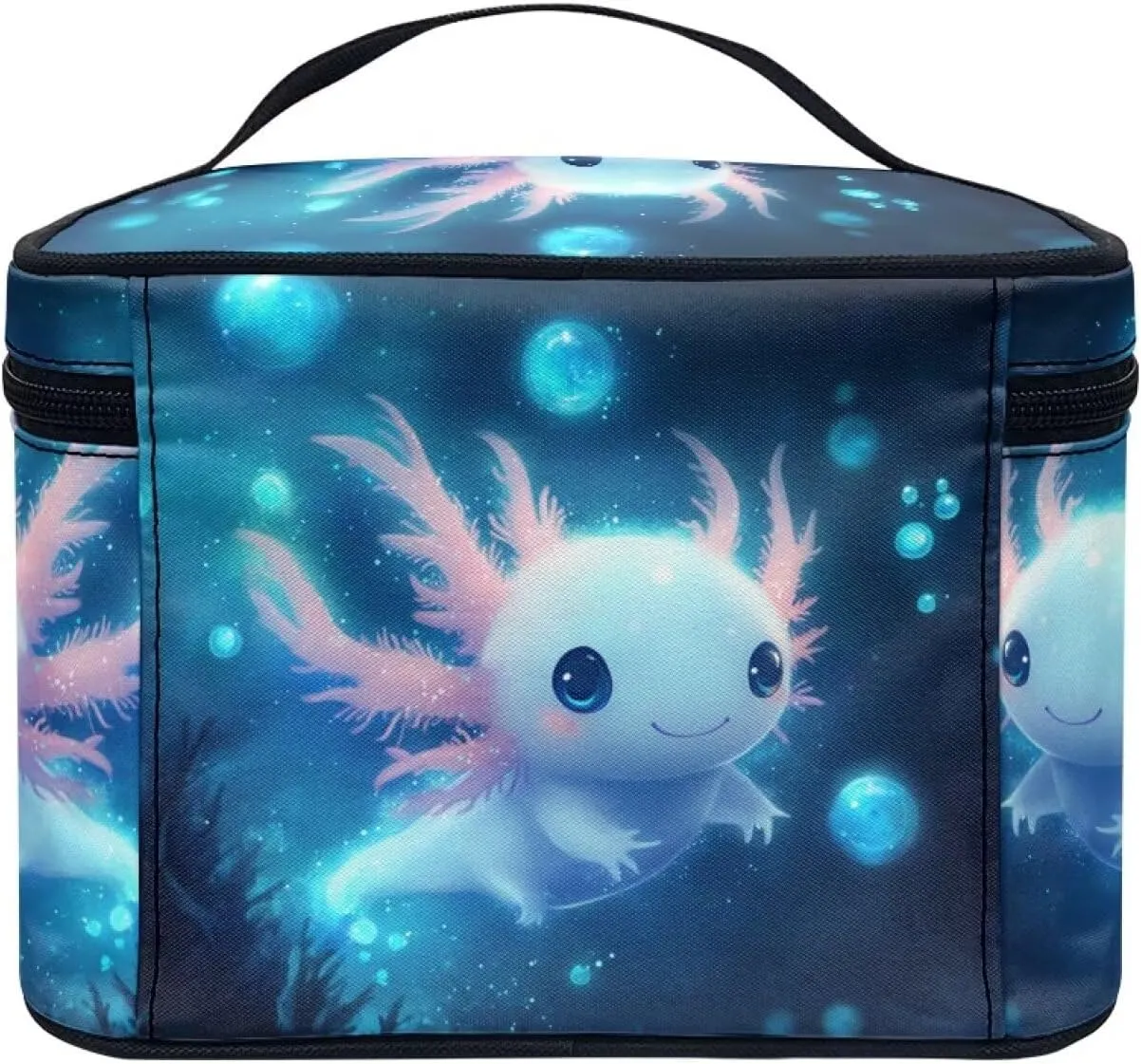Axolotl Cute Cosmetic Bag Blue Personalized Makeup Bag with Dual Zipper Lightweigt Cosmetic Pouch for Daily Use Casual Tarot Card Storage Bags for Women