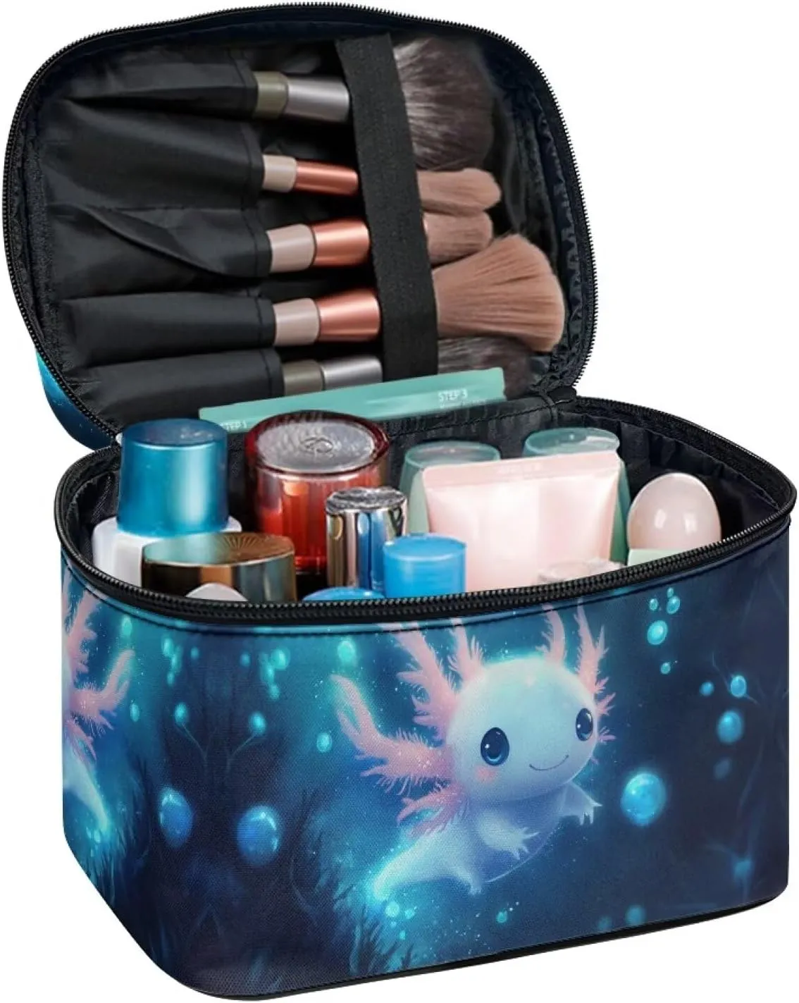 Axolotl Cute Cosmetic Bag Blue Personalized Makeup Bag with Dual Zipper Lightweigt Cosmetic Pouch for Daily Use Casual Tarot Card Storage Bags for Women