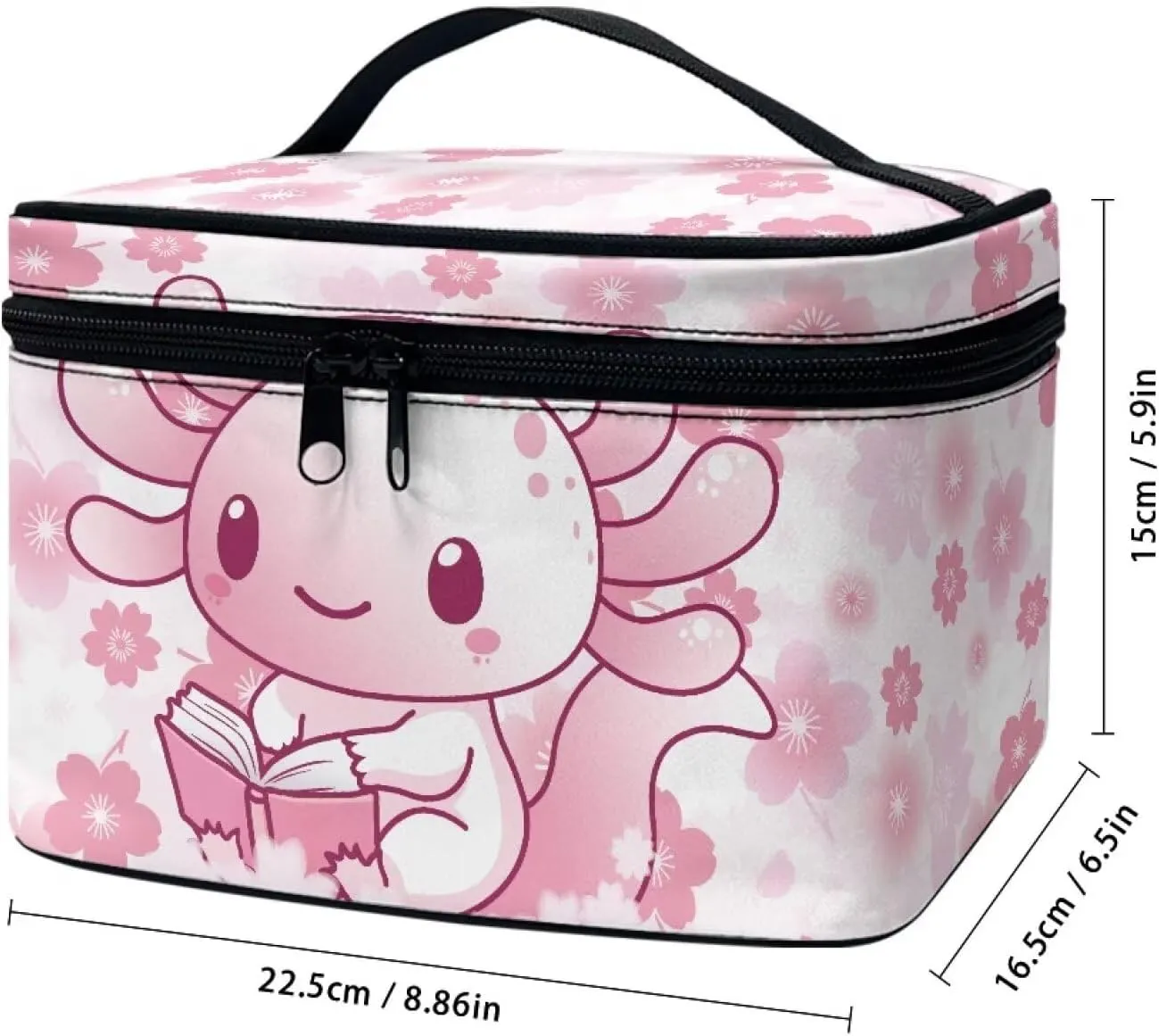 Axolotl Makeup Bag Zipper Portable Travel Storage Pouch Cherry Blossom Cosmetic Bags with Brush Storage Pink Makeup Pouches for Women Daily Use