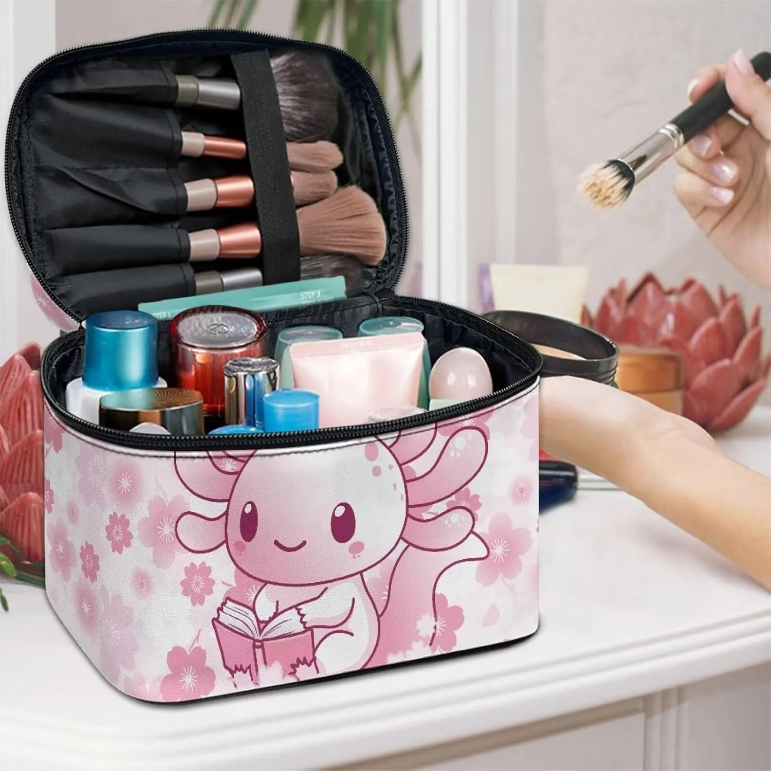 Axolotl Makeup Bag Zipper Portable Travel Storage Pouch Cherry Blossom Cosmetic Bags with Brush Storage Pink Makeup Pouches for Women Daily Use