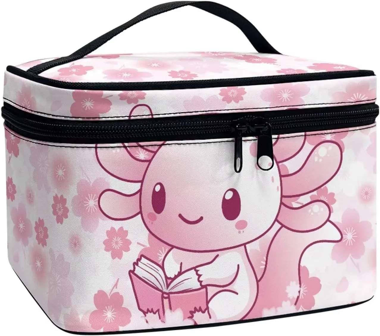 Axolotl Makeup Bag Zipper Portable Travel Storage Pouch Cherry Blossom Cosmetic Bags with Brush Storage Pink Makeup Pouches for Women Daily Use