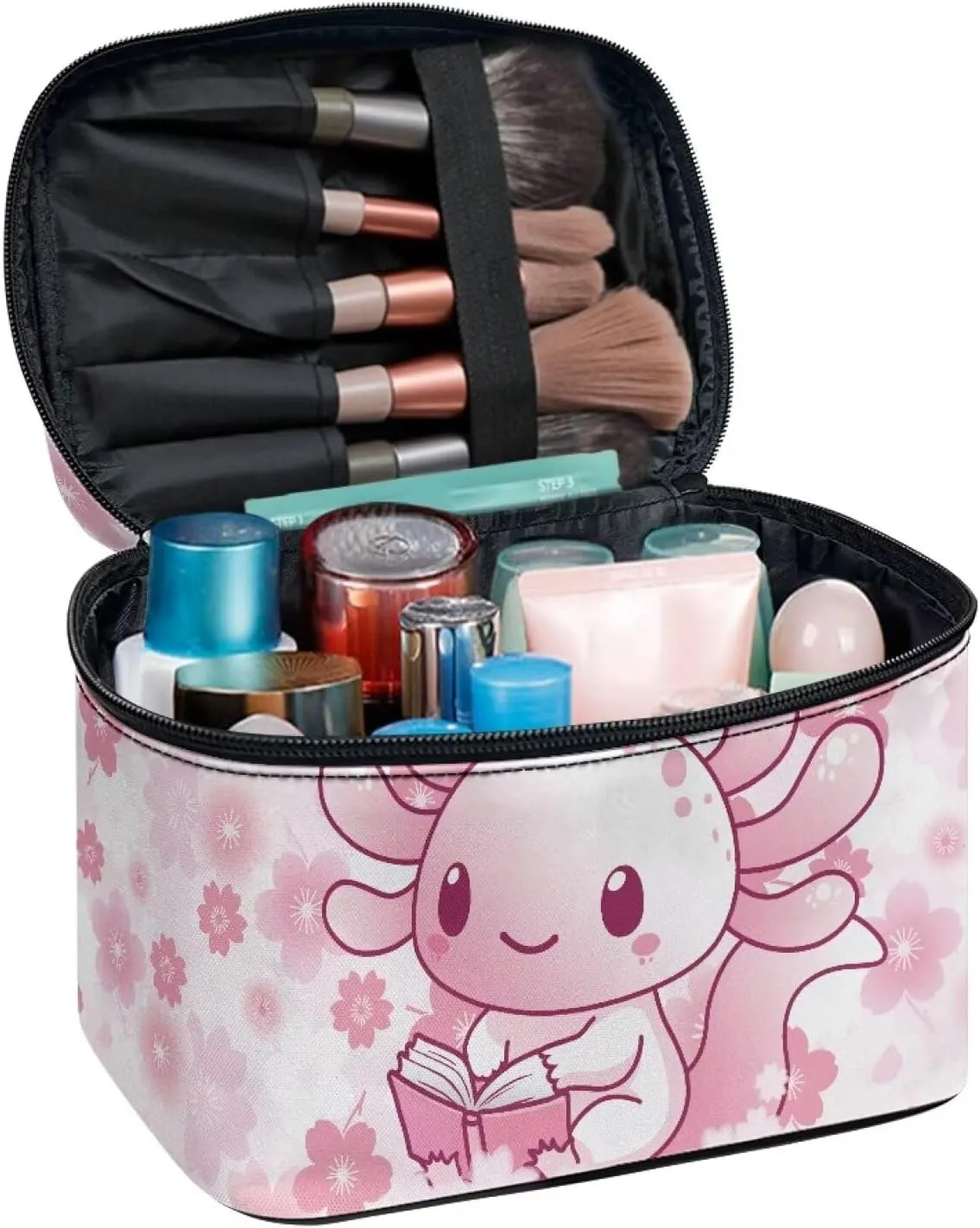 Axolotl Makeup Bag Zipper Portable Travel Storage Pouch Cherry Blossom Cosmetic Bags with Brush Storage Pink Makeup Pouches for Women Daily Use