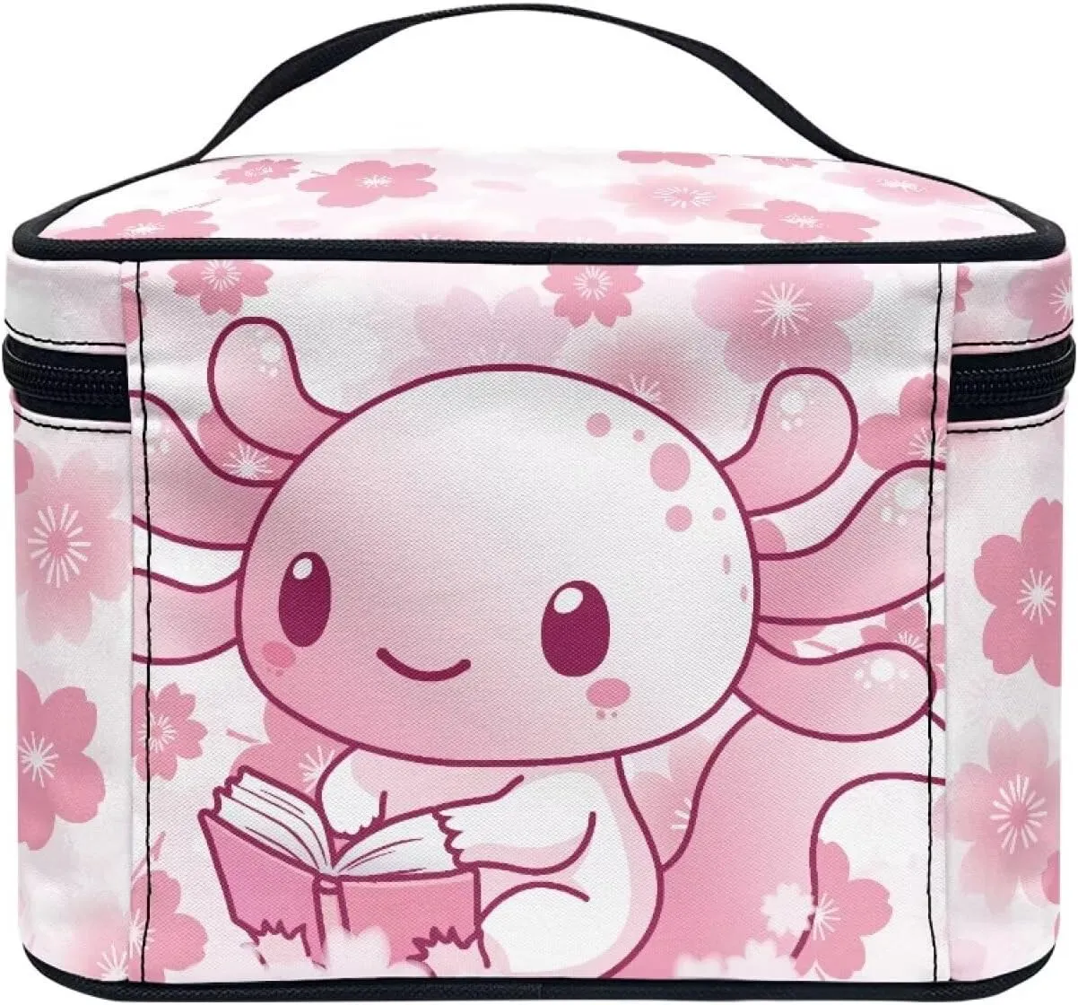 Axolotl Makeup Bag Zipper Portable Travel Storage Pouch Cherry Blossom Cosmetic Bags with Brush Storage Pink Makeup Pouches for Women Daily Use