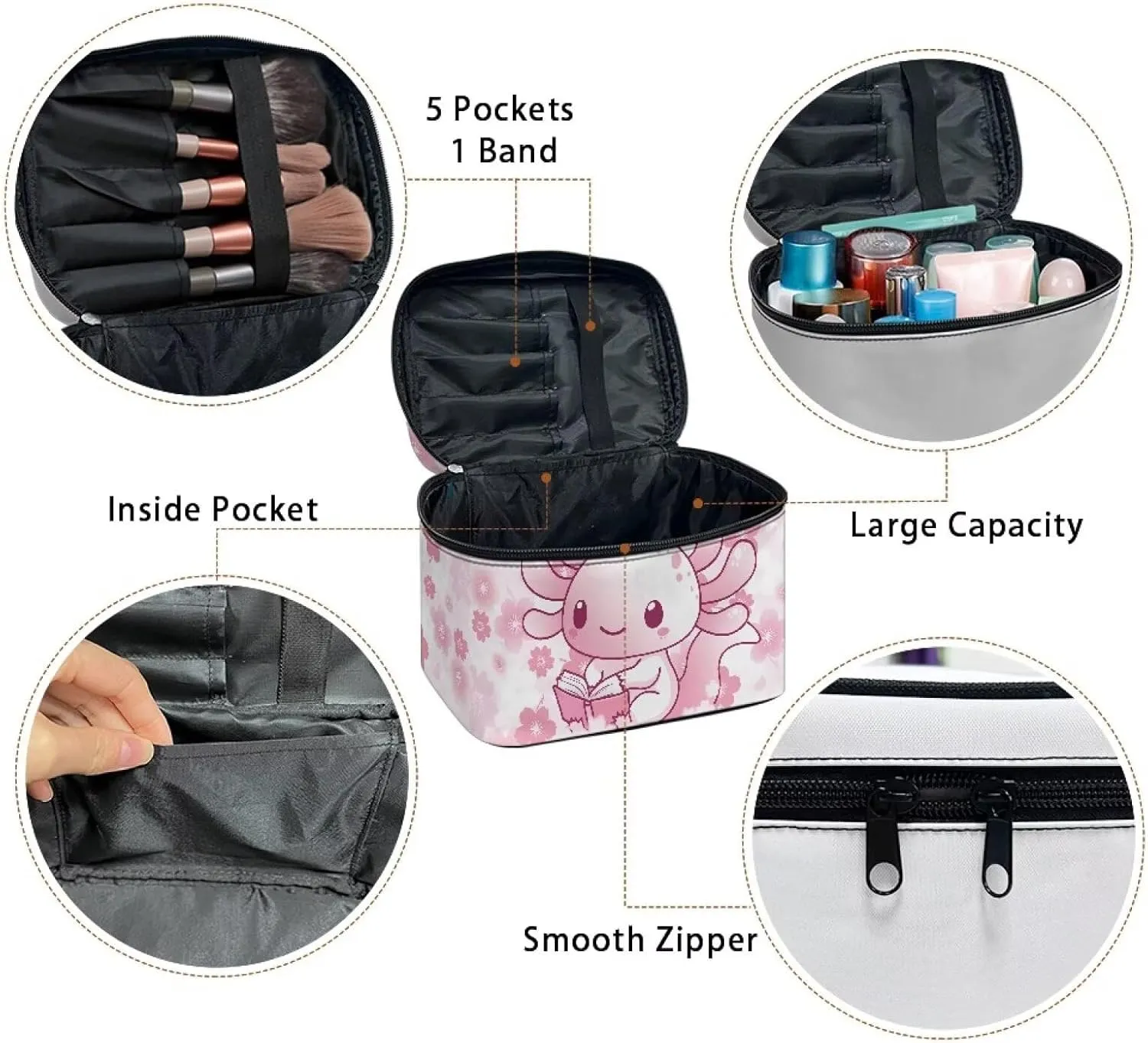 Axolotl Makeup Bag Zipper Portable Travel Storage Pouch Cherry Blossom Cosmetic Bags with Brush Storage Pink Makeup Pouches for Women Daily Use