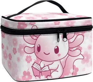 Axolotl Makeup Bag Zipper Portable Travel Storage Pouch Cherry Blossom Cosmetic Bags with Brush Storage Pink Makeup Pouches for Women Daily Use