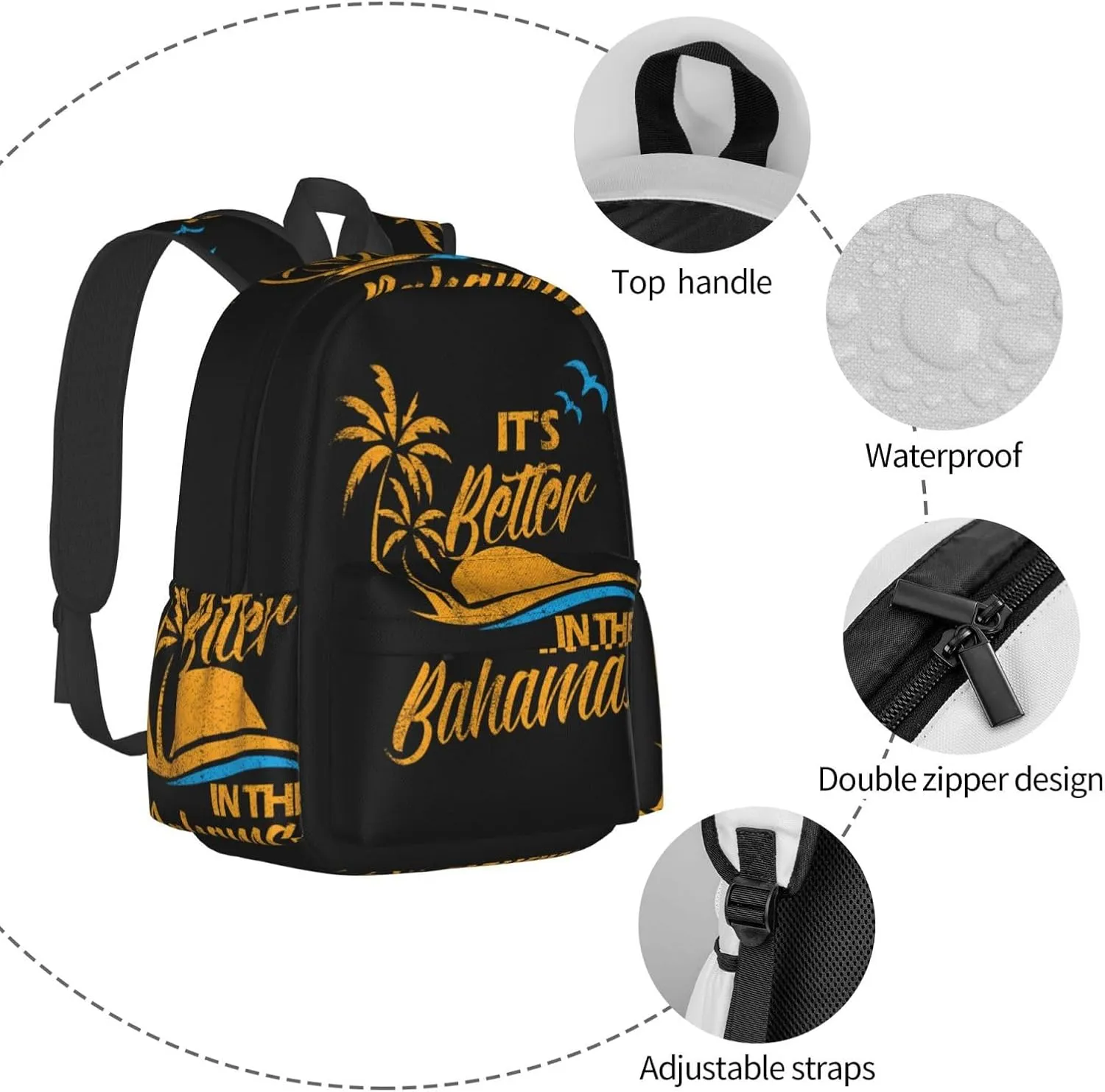 Bahamas Vacation Beach Travel Islands Laptop Commuter Backpack Shoulder Bag Casual Back Pack Daypack Bags With Side Pockets For Work Travel Daily Use