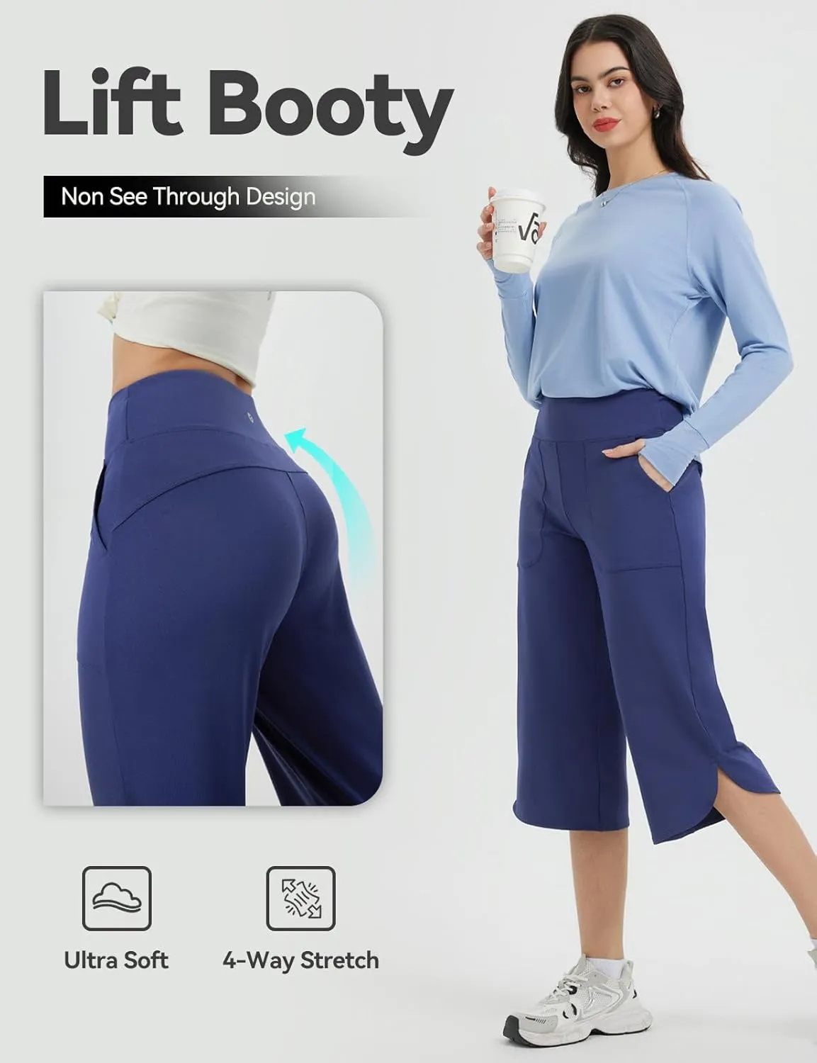 baleaf Capris Pants for Women Yoga Capri Leggings with Pockets Loose High Waist Crop Workout Pants Wide Leg Casual Summer