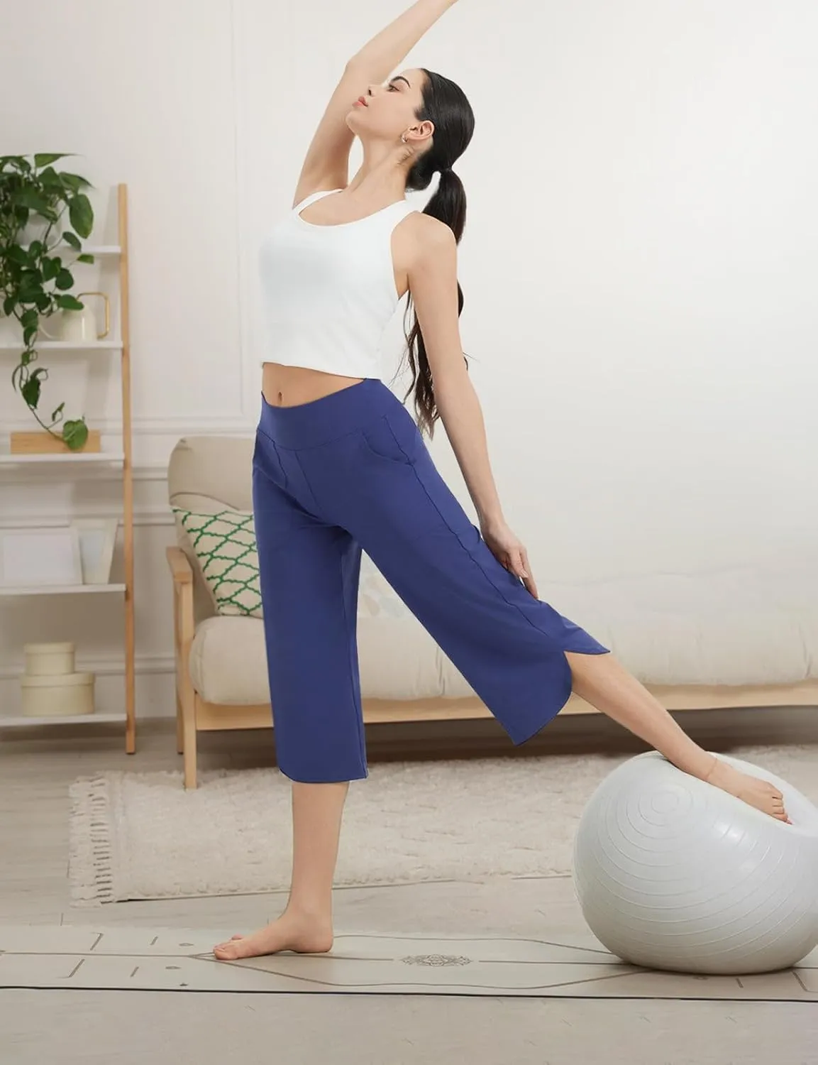 baleaf Capris Pants for Women Yoga Capri Leggings with Pockets Loose High Waist Crop Workout Pants Wide Leg Casual Summer