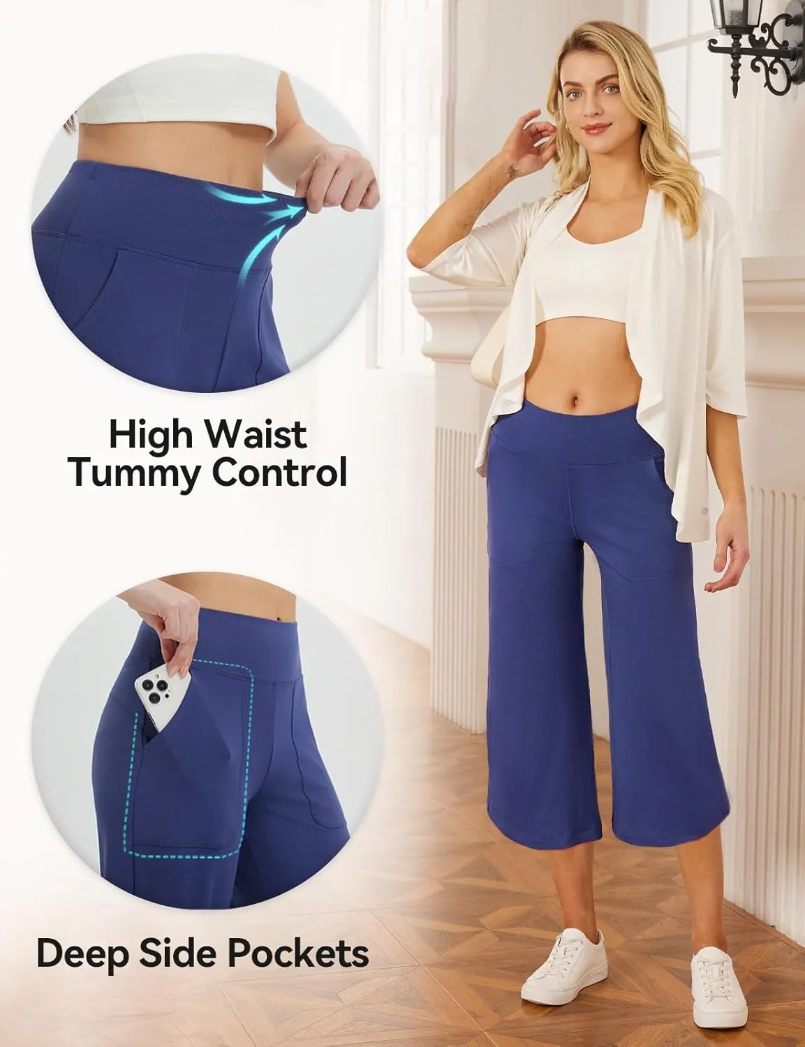baleaf Capris Pants for Women Yoga Capri Leggings with Pockets Loose High Waist Crop Workout Pants Wide Leg Casual Summer