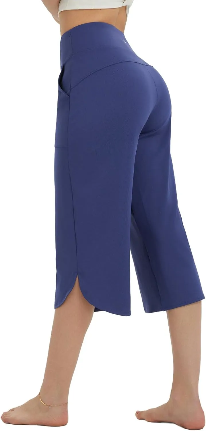 baleaf Capris Pants for Women Yoga Capri Leggings with Pockets Loose High Waist Crop Workout Pants Wide Leg Casual Summer