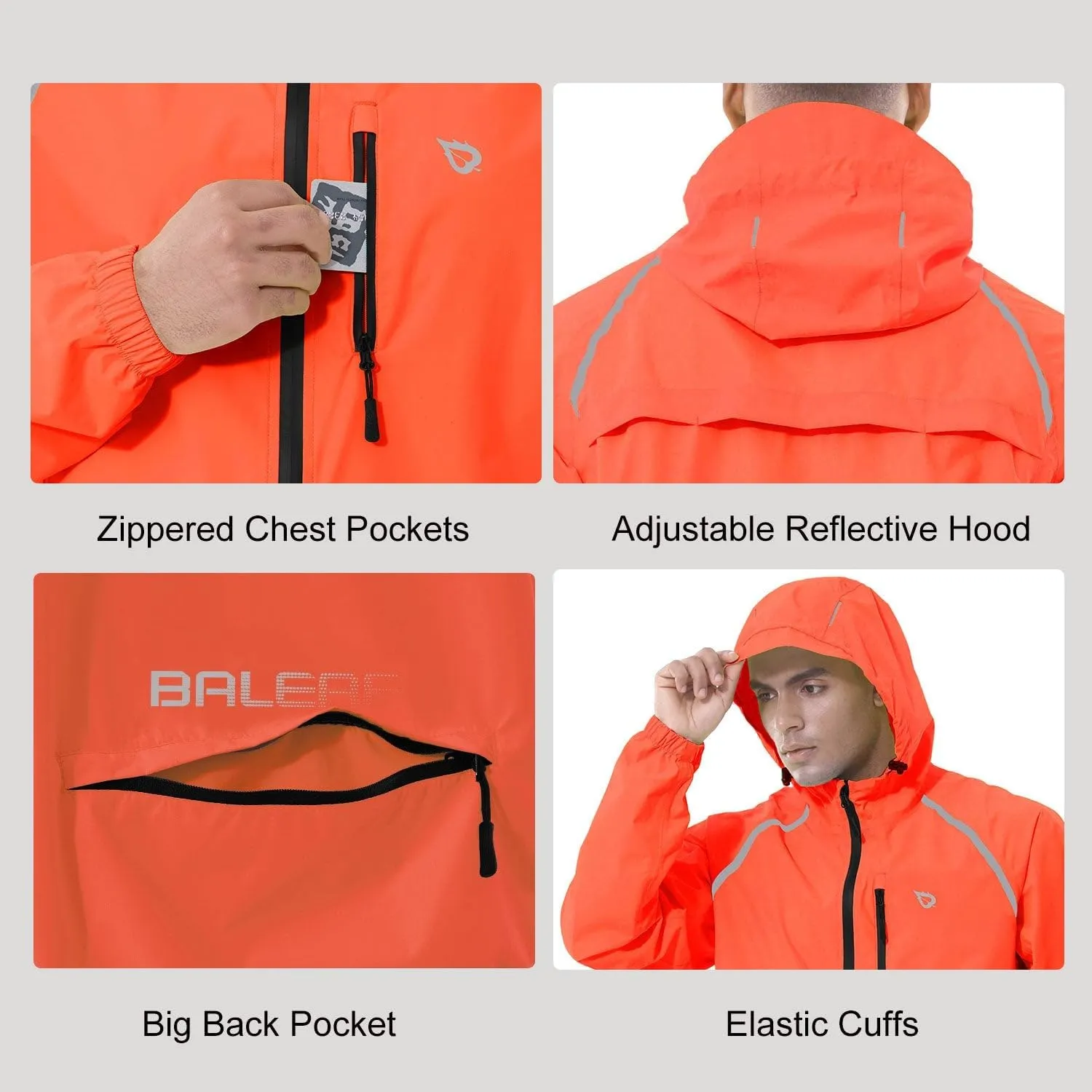 baleaf Men's Rain Jacket Waterproof Windbreaker Running Cycling Golf Hiking Gear Hood Lightweight Reflective Packable