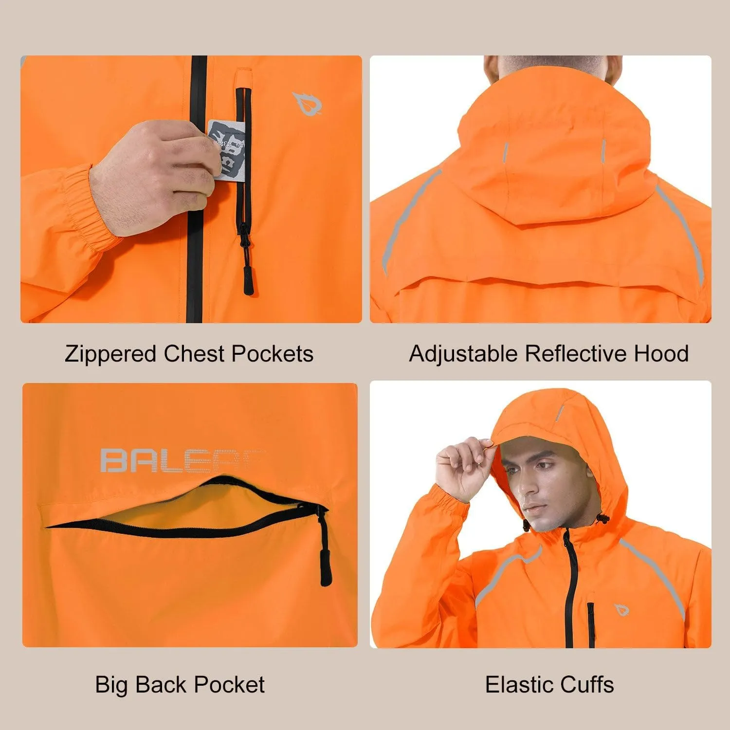 baleaf Men's Rain Jacket Waterproof Windbreaker Running Cycling Golf Hiking Gear Hood Lightweight Reflective Packable