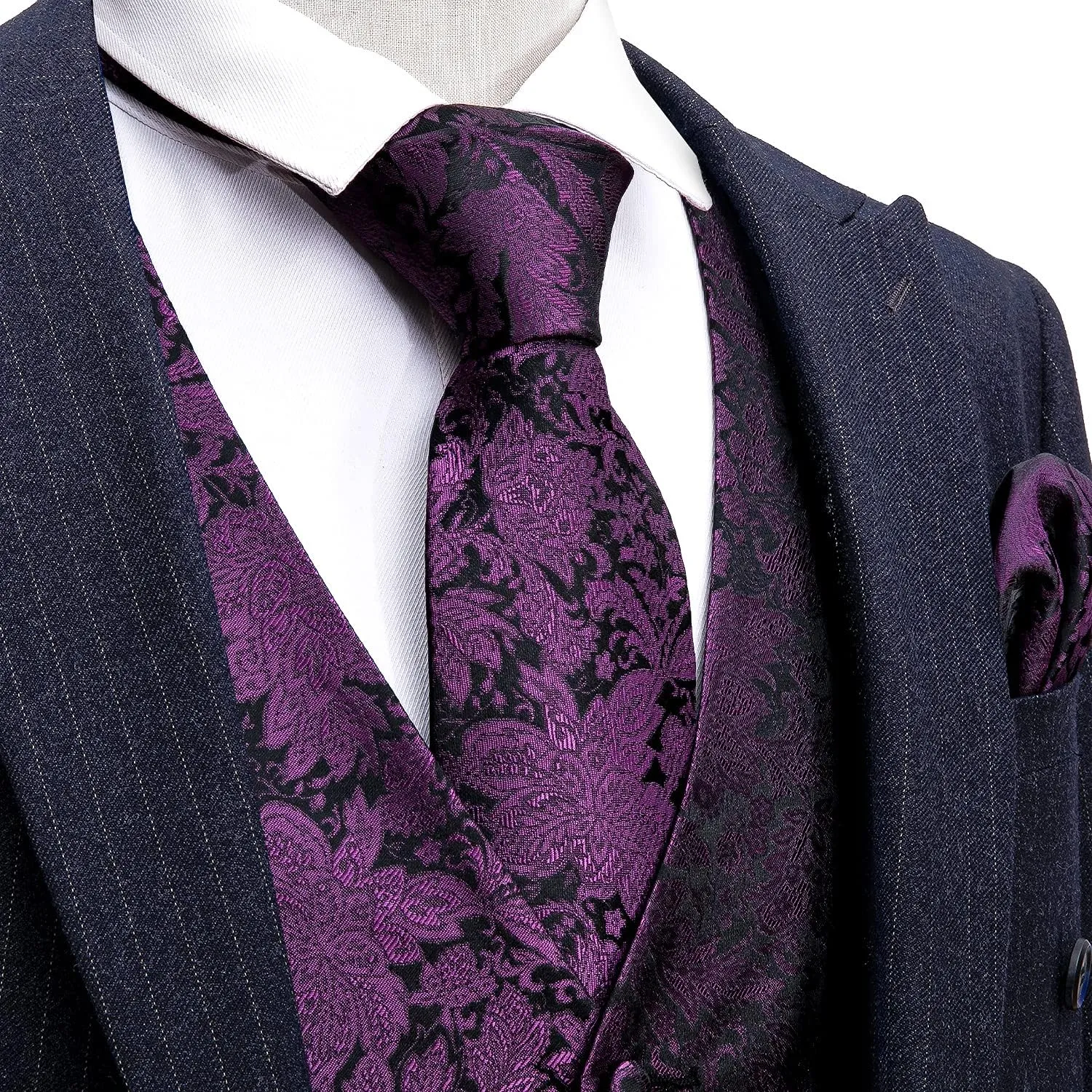 Barry.Wang Mens Paisley V-neck Suit Vest Formal/Leisure Silk Jacquard Waistcoat Tie Set 5PCS