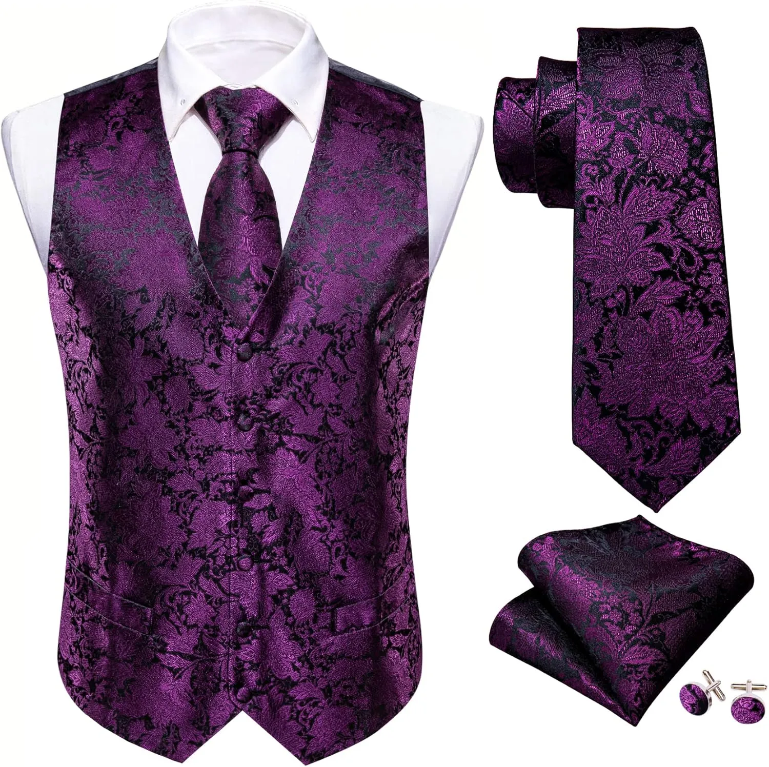 Barry.Wang Mens Paisley V-neck Suit Vest Formal/Leisure Silk Jacquard Waistcoat Tie Set 5PCS