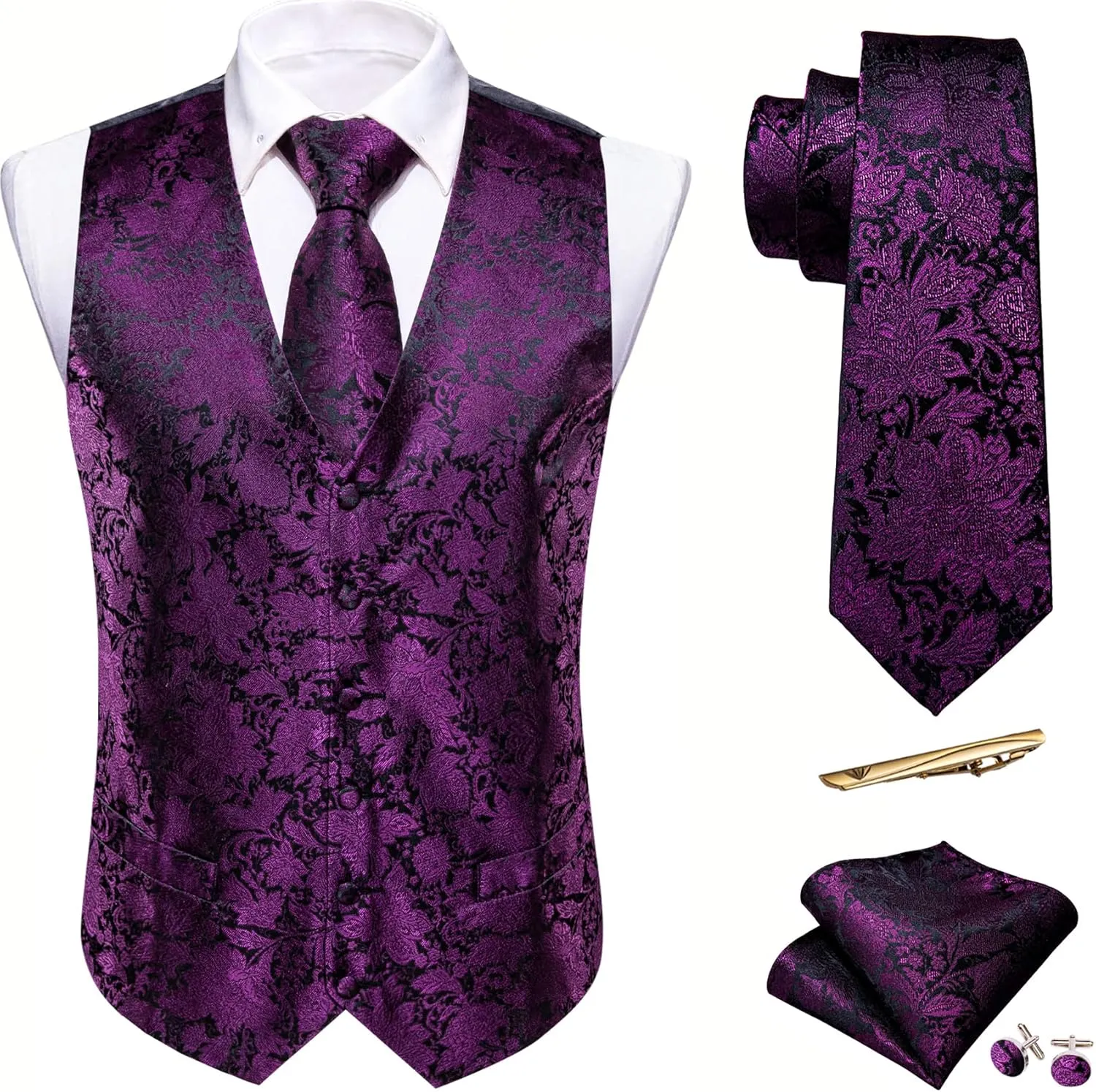 Barry.Wang Mens Paisley V-neck Suit Vest Formal/Leisure Silk Jacquard Waistcoat Tie Set 5PCS