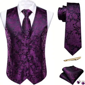 Barry.Wang Mens Paisley V-neck Suit Vest Formal/Leisure Silk Jacquard Waistcoat Tie Set 5PCS