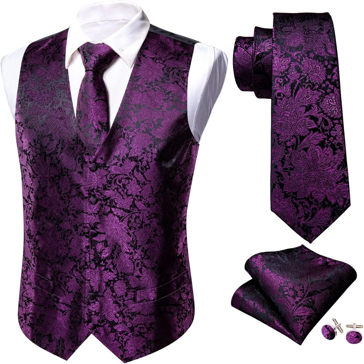Barry.Wang Mens Paisley V-neck Suit Vest Formal/Leisure Silk Jacquard Waistcoat Tie Set 5PCS