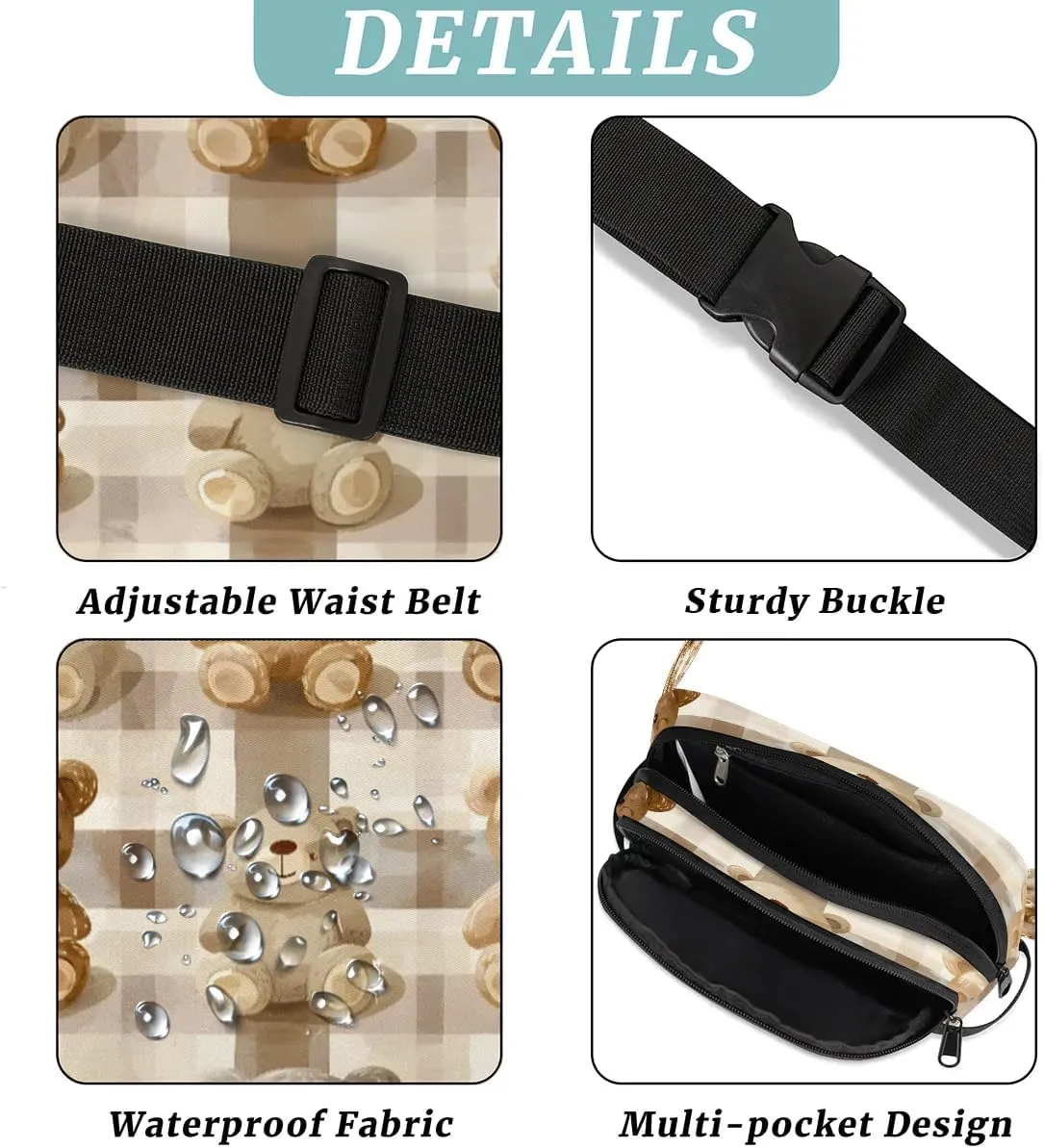 Bears Plaid Crossbody Bags for Women Trendy Waterproof Fanny Pack with Adjustable Strap Fanny Pack for Travel Shopping Running and Daily Use