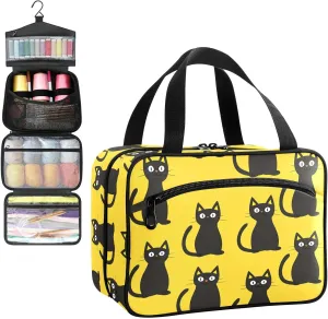 Black Cats Cartoon Yellow Travel Toiletry Bag, Hanging Toiletry Bag Portable with Zipper, Sewing Storage with 4 Compartment and Hook for women/men Travel/Daily Use