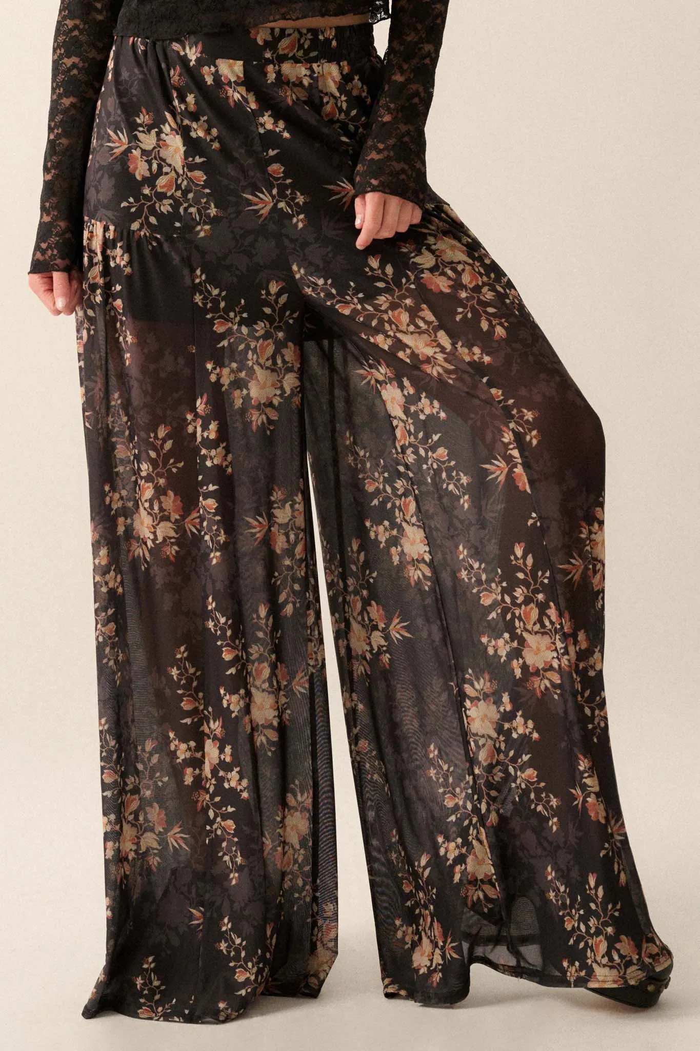 Blooming Whisper Floral Mesh Wide-Leg Pants