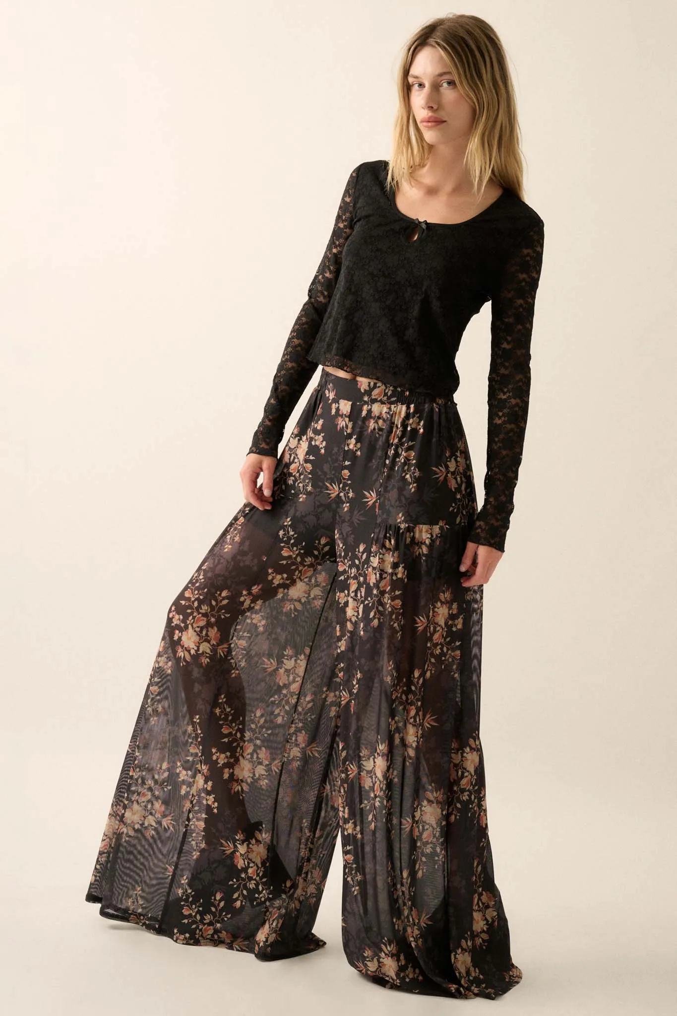 Blooming Whisper Floral Mesh Wide-Leg Pants