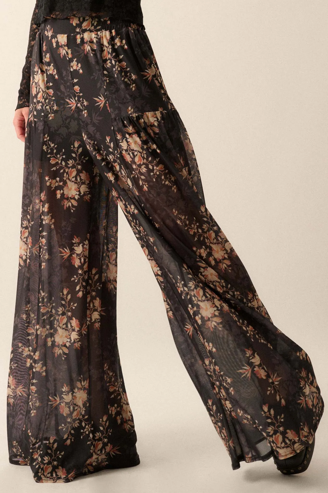 Blooming Whisper Floral Mesh Wide-Leg Pants