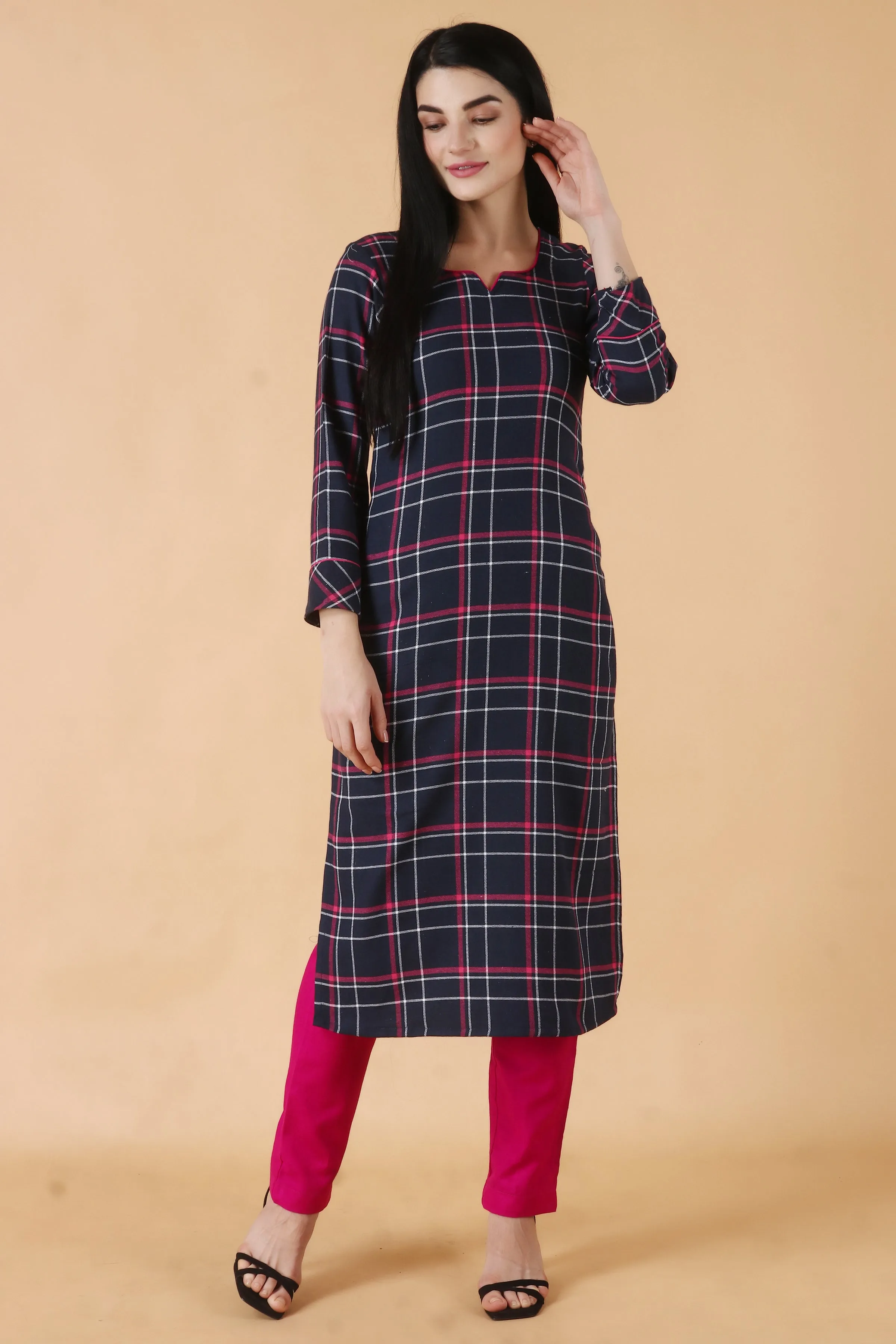 Blue Grid Woollen Kurta Set