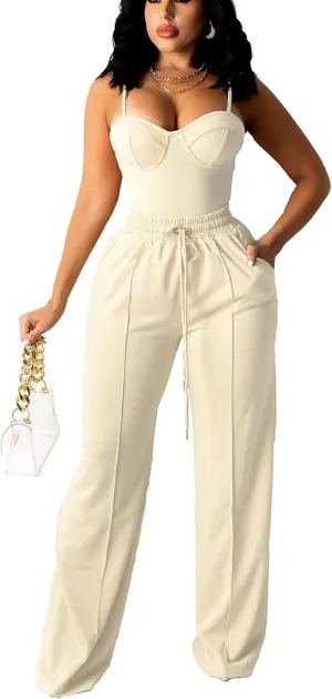 Bluewolfsea Women Sexy 2 Piece Outfits Jumpsuit Summer Sleeveless Cami Crop Top Wide Leg Long Pants Set