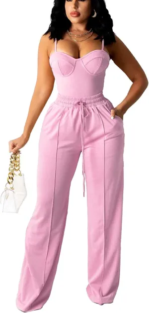 Bluewolfsea Women Sexy 2 Piece Outfits Jumpsuit Summer Sleeveless Cami Crop Top Wide Leg Long Pants Set