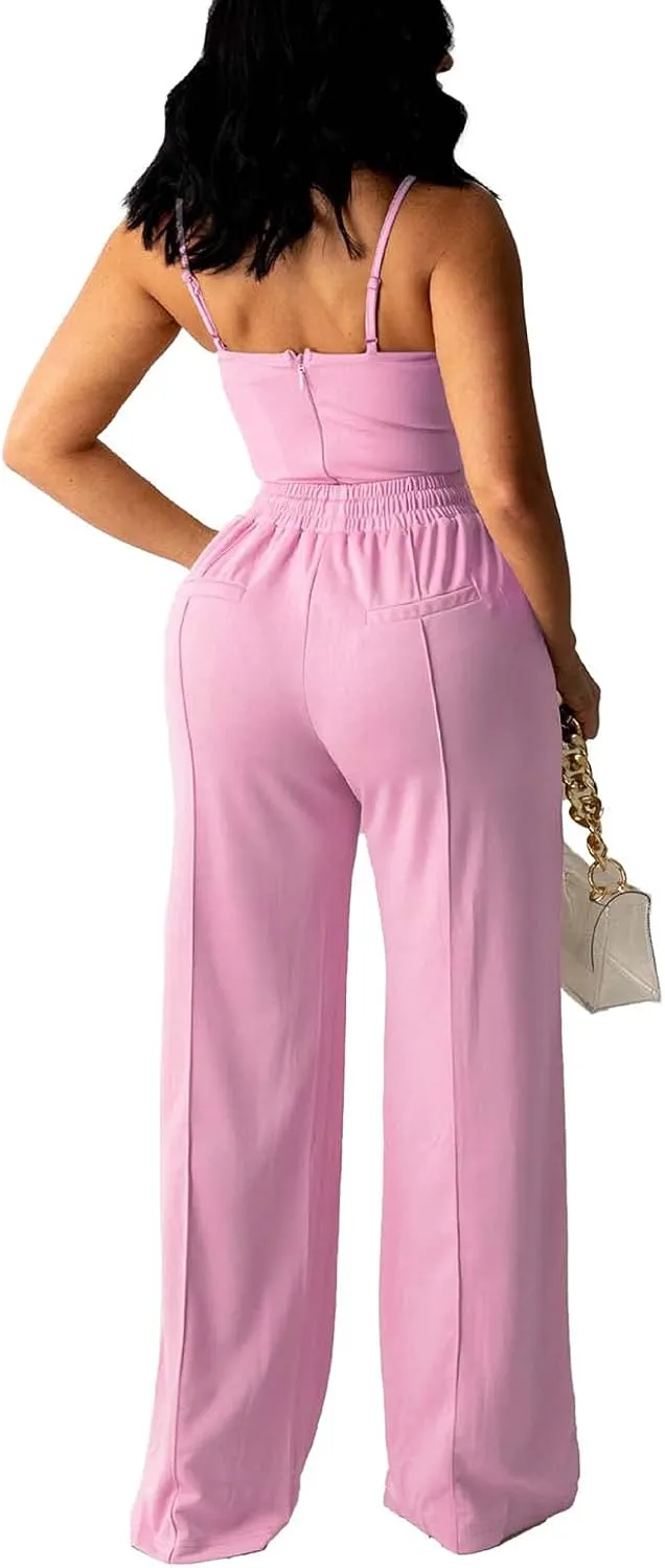 Bluewolfsea Women Sexy 2 Piece Outfits Jumpsuit Summer Sleeveless Cami Crop Top Wide Leg Long Pants Set