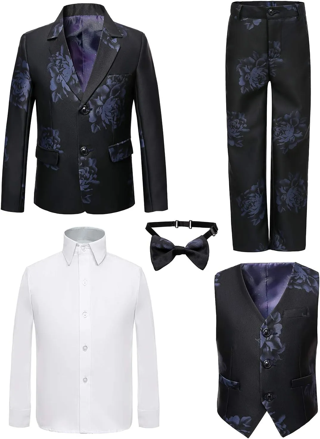 Boy's 5 Pieces Tuxedos Toddler Formal Suits Set Kids Slim Fit Suit for Weddings