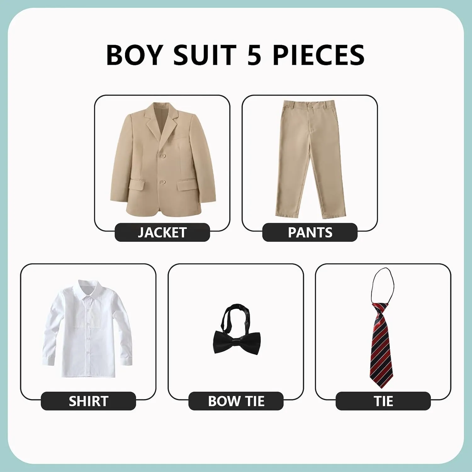 Boys Formal Suit Set Kids 5 Piece Suit Jacket Pants Set with Dress Shirt and Tie Prom Wedding Tuxedo Suits