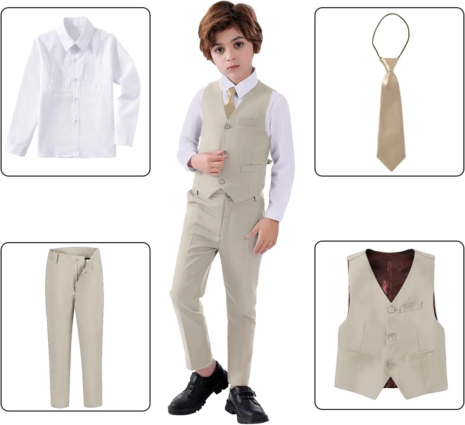 Boys Suits Slim Fit 4 Piece Formal Dresswear Suit for Kids Tuxedo Wedding Set Toddler Boy Dress with Vest Shirt Pants and Tie