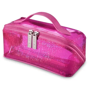 BYOOTIQUE Portable Makeup Bag Zippered Makeup Water-resistant Organizer PVC Open Flat with Handle/Divider Pocket Travel Toiletry Organizer Pouch For Travel Daily Use,Pink