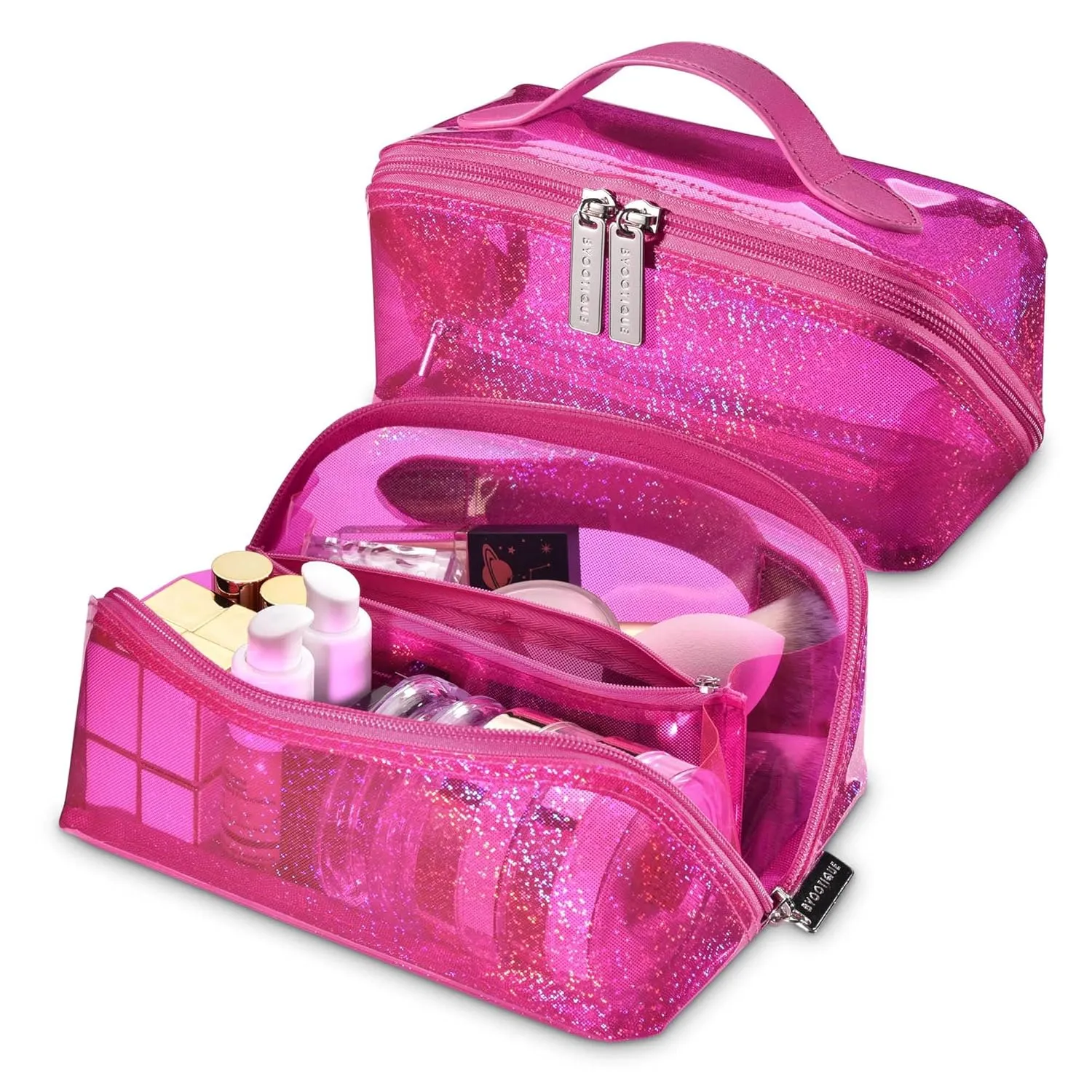 BYOOTIQUE Portable Makeup Bag Zippered Makeup Water-resistant Organizer PVC Open Flat with Handle/Divider Pocket Travel Toiletry Organizer Pouch For Travel Daily Use,Pink