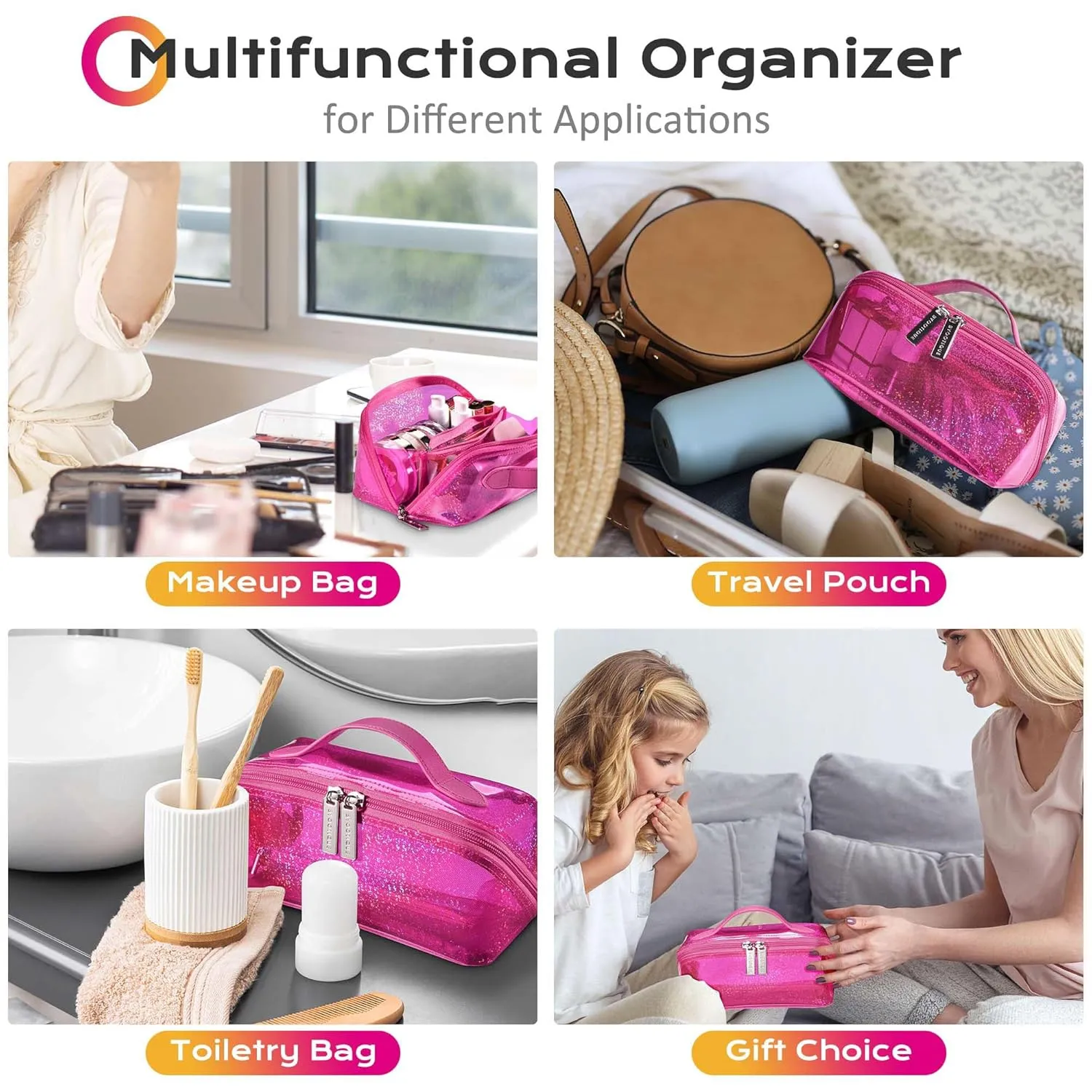 BYOOTIQUE Portable Makeup Bag Zippered Makeup Water-resistant Organizer PVC Open Flat with Handle/Divider Pocket Travel Toiletry Organizer Pouch For Travel Daily Use,Pink