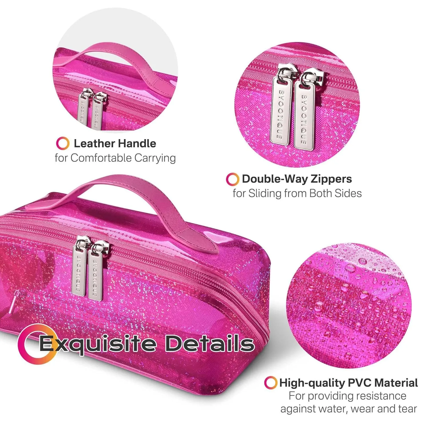 BYOOTIQUE Portable Makeup Bag Zippered Makeup Water-resistant Organizer PVC Open Flat with Handle/Divider Pocket Travel Toiletry Organizer Pouch For Travel Daily Use,Pink