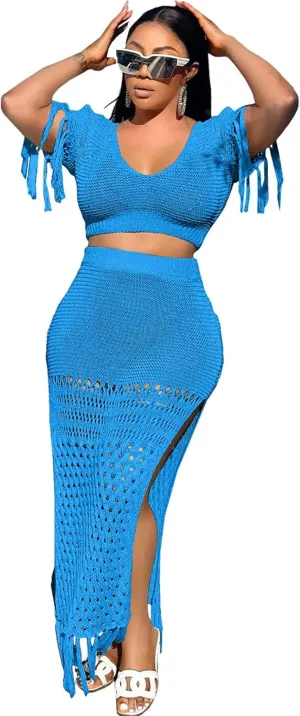 CALEBGAR 2 Piece Outfits for Women Sexy Crochet Tassel Split Midi Dress Summer V Neck Knitted Hollow Crop Tops Y2K Streetwear