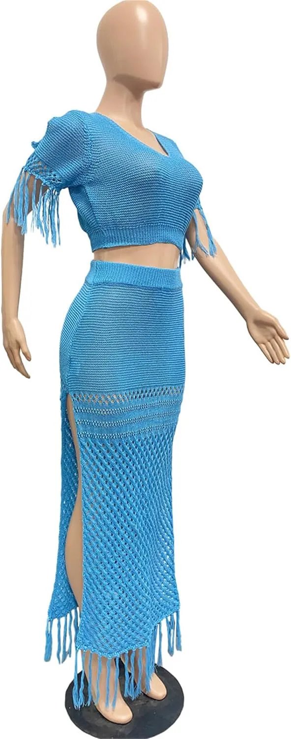 CALEBGAR 2 Piece Outfits for Women Sexy Crochet Tassel Split Midi Dress Summer V Neck Knitted Hollow Crop Tops Y2K Streetwear